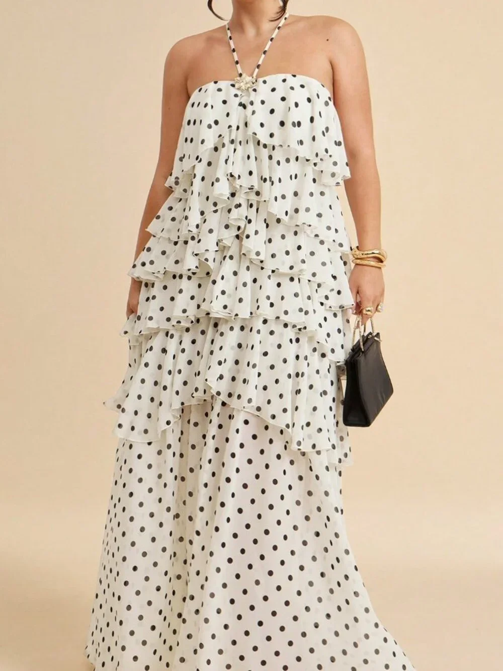 Black And White Boho Women's Polka Dot Ruffle Maxi Dress